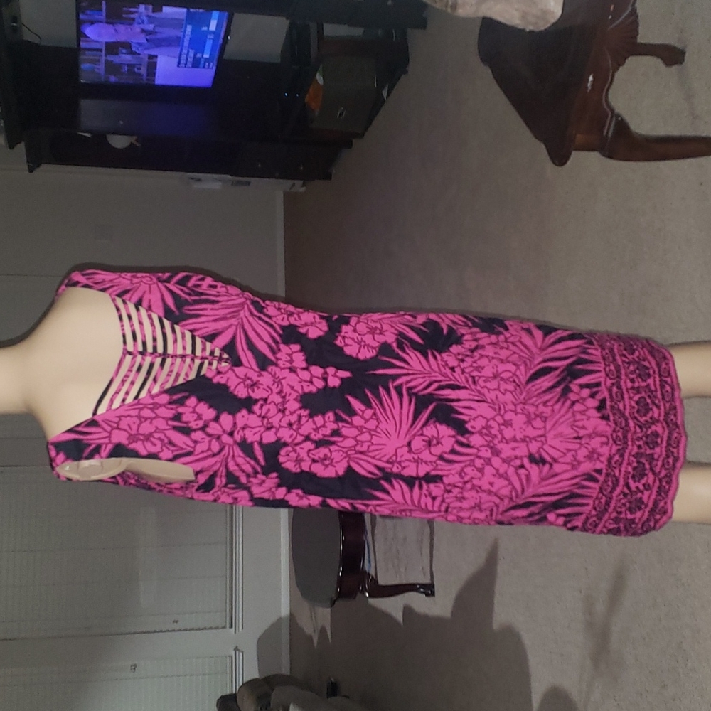 R&K 14 tropical flowers sleeveless scoopneck caged back shift dress